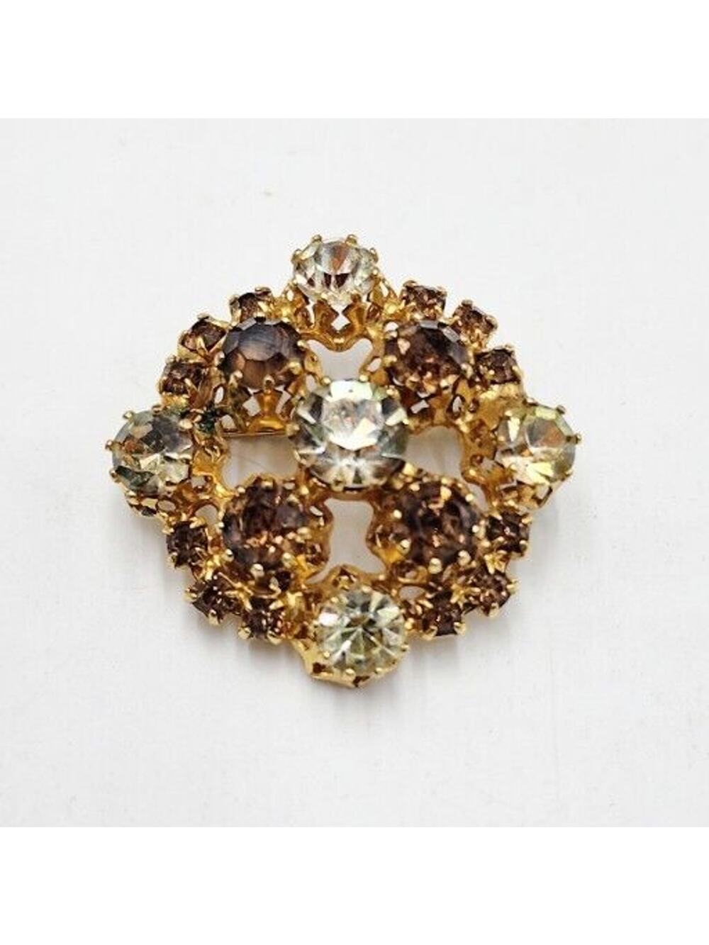 Vintage Austria Cluster Brooch Pin Smokey Amber Light Yellow Tone Rhinestones